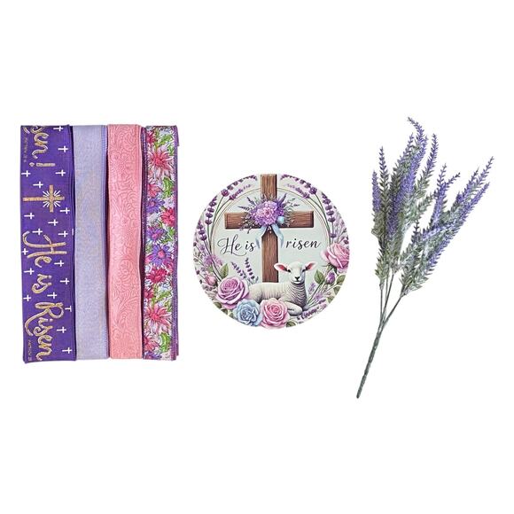 He Is Risen Easter Wreath Kit | Christian Sign, Ribbon & Lavender Floral Pick - Picture 1 of 5